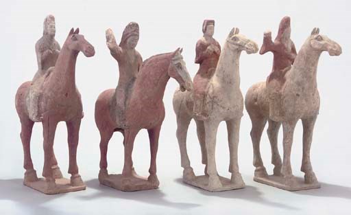 Four Chinese equestrian pottery figures, Tang dynasty