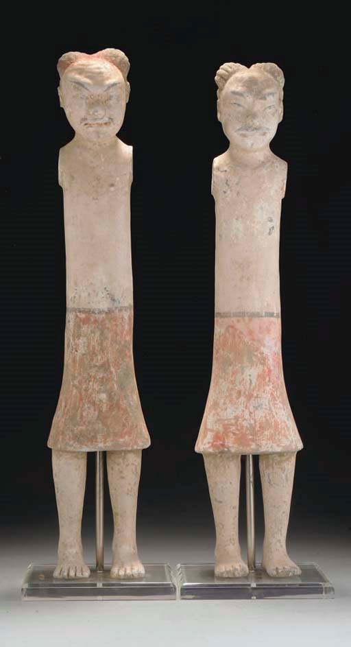 Two similar Chinese grey pottery stick figures, Han dynasty
