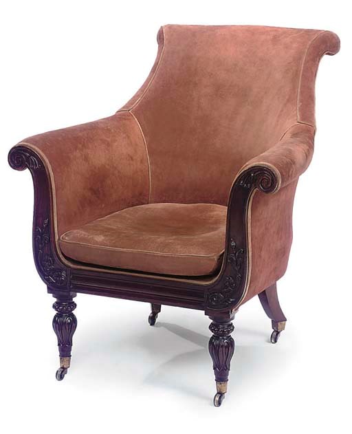 A WILLIAM IV ROSEWOOD AND BROWN SUEDE UPHOLSTERED BERGERE