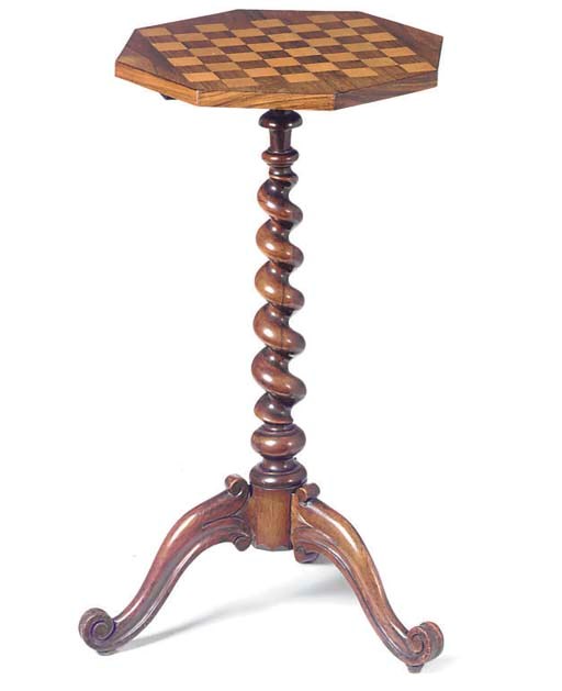 AN EARLY VICTORIAN ROSEWOOD TRIPOD GAMES TABLE