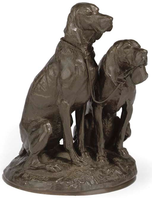 A FRENCH BRONZE GROUP OF TWO HOUNDS OR 'COUPLE DE CHIENS ATTACHÉS'