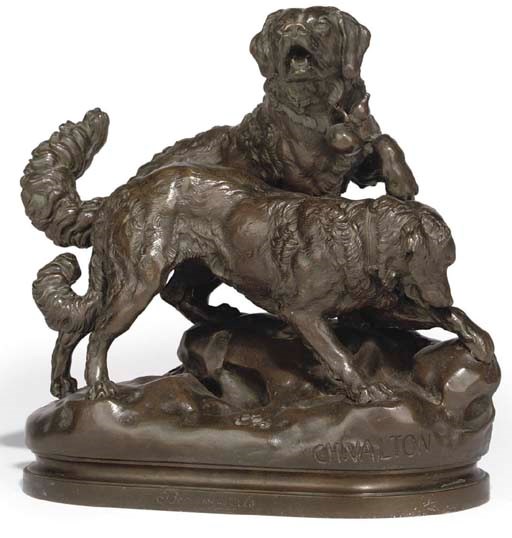 A FRENCH BRONZE GROUP OF TWO ST.BERNARD DOGS IN THE SNOW