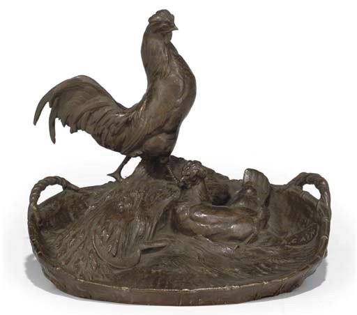 A FRENCH BRONZE GROUP OF A COCKEREL AND A HEN SITTING IN A BASKET