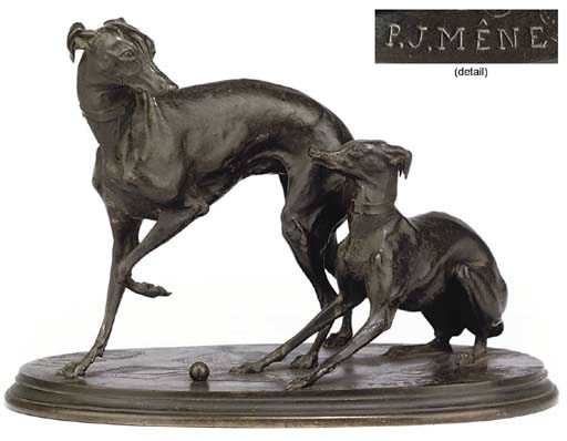 A FRENCH BRONZE GROUP OF TWO WHIPPETS AT PLAY OR 'DEUX LEVRETTES JOUANT AVEC UNE BOULE'