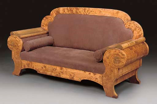 A BIEDERMEIER BIRCH AND UPHOLSTERED SOFA