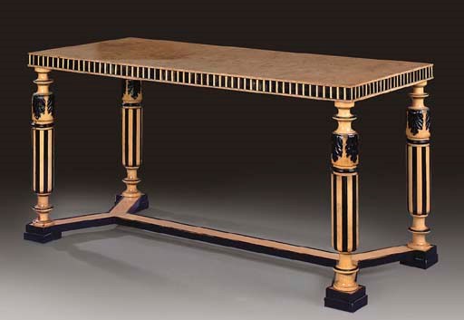 A BURR ASH, POPLAR AND EBONISED CENTRE TABLE