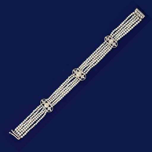 AN EDWARDIAN PEARL AND DIAMOND BRACELET
