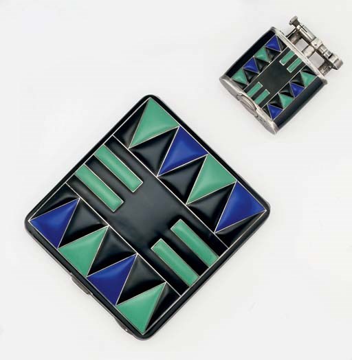 AN ART DECO ENAMEL CIGARETTE CASE AND LIGHTER, BY ALFRED DUNHILL