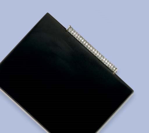 A GOLD PLATED BLACK LACQUER AND DIAMOND CIGARETTE CASE, BY VAN CLEEF & ARPELS