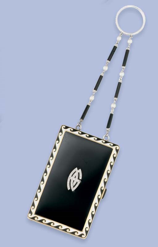 AN EARLY 20TH CENTURY FRENCH GOLD, ENAMEL, DIAMOND AND SEED PEARL CARNET DE BAL AND VANITY CASE, BY JANESICH