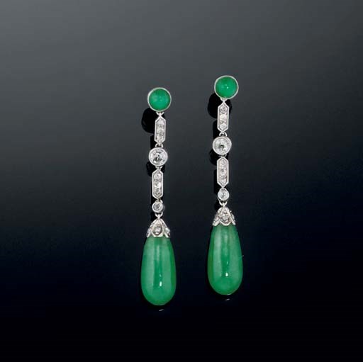 A pair of jade and diamond earpendants