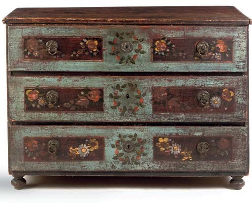 AN AUSTRIAN BRASS-MOUNTED POLYCHROME-DECORATED COMMODE