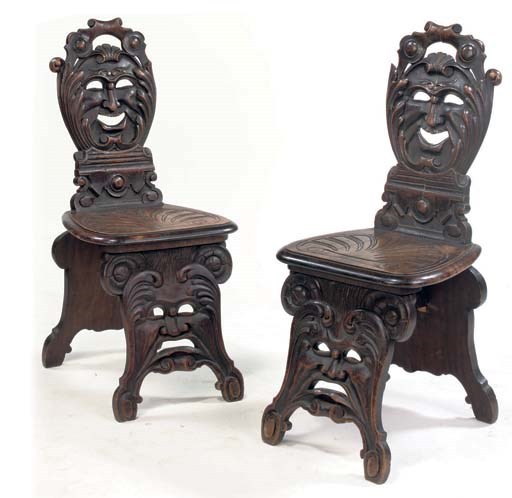 A PAIR OF NORTH EUROPEAN OAK AND FRUITWOOD SIDECHAIRS 'SGABELLI'