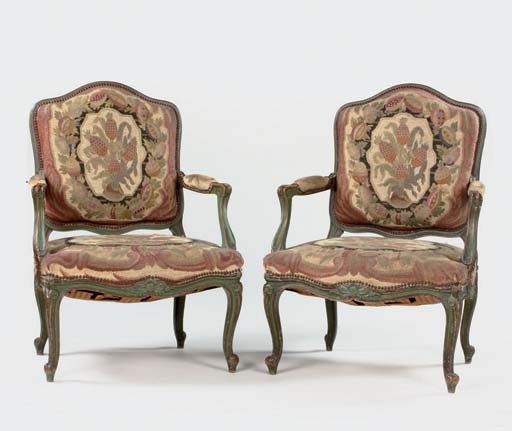 A PAIR OF NORTH EUROPEAN GREEN-PAINTED FAUTEUILS