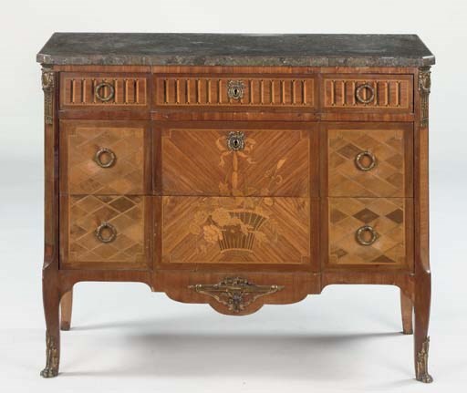 A FRENCH GILT-BRONZE TULIPWOOD AND FRUITWOOD MARQUETRY AND PARQUETRY COMMODE
