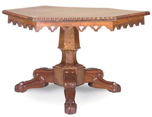 AN OAK AND BROWN OAK HEXAGONAL CENTRE TABLE