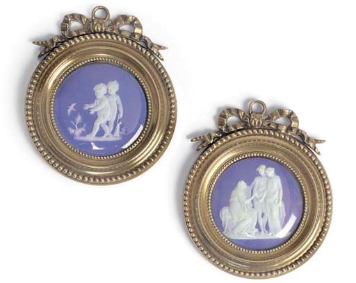 TWO WEDGWOOD BLUE JASPER CIRCULAR PLAQUES