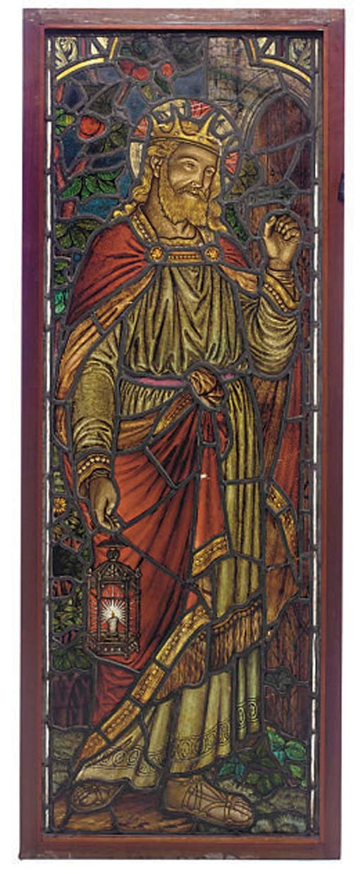 A VICTORIAN STAINED AND LEADED GLASS PANEL OF CHRIST AS THE LIGHT OF THE WORLD