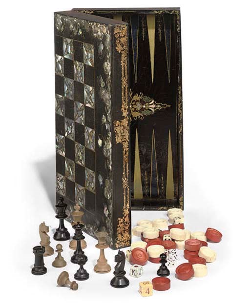 AN EARLY VICTORIAN PAPIER-MACHE CHESS AND BACKGAMMON BOARD