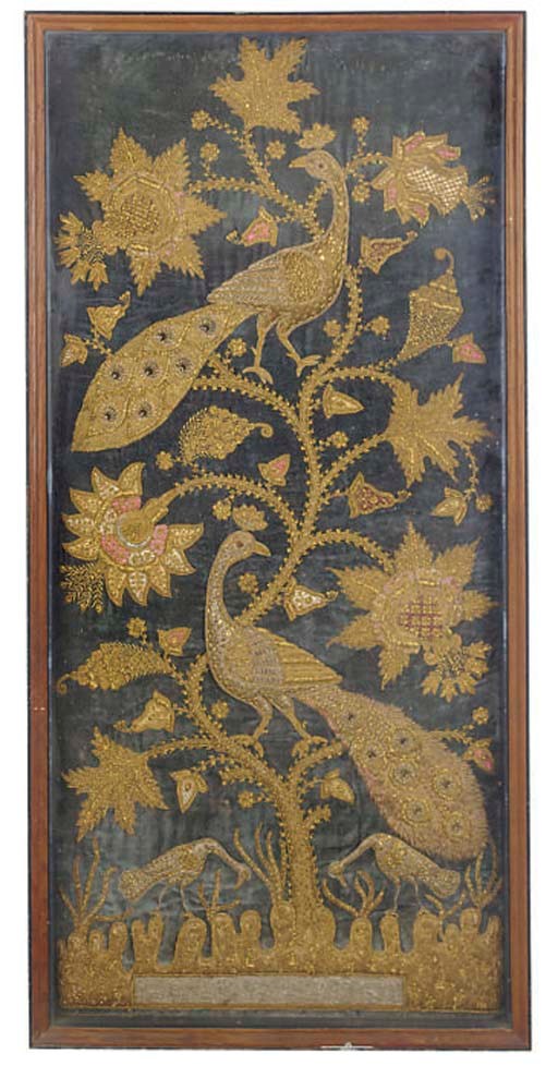 AN INDIAN METAL-THREAD AND SILK EMBROIDERED VELVET PANEL