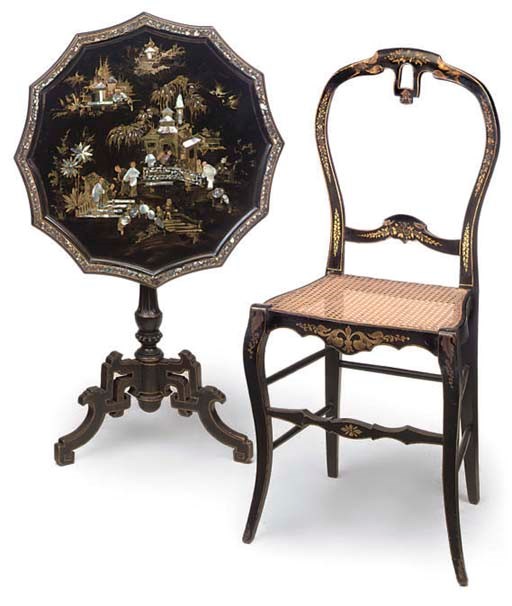 A VICTORIAN PAPIER MACHE AND MOTHER OF PEARL INLAID OCCASIONAL TABLE