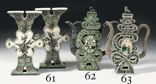 A pair of biscuit famille verte vases