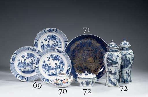 Three blue and white plates
