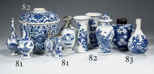 A pair of blue and white bottle vases and two silver-mounted jarlets