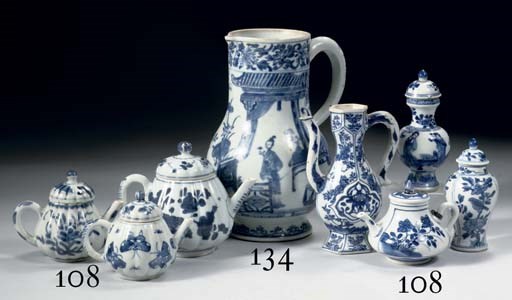 Four blue and white ewers and a sauce-boat