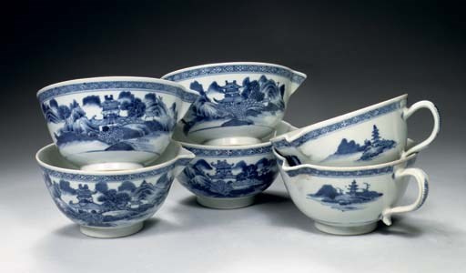 A set of six blue and white 'Nanking cargo' bowl-shaped jugs