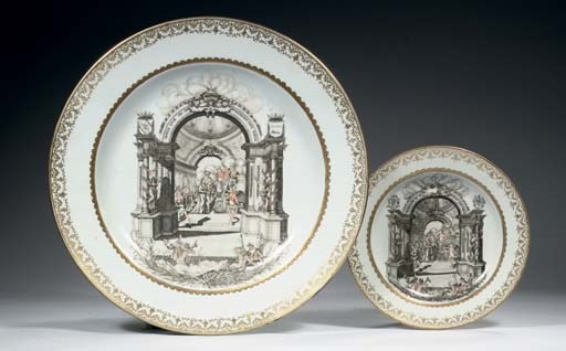 A Dutch market grisaille 'marriage' dish and plate