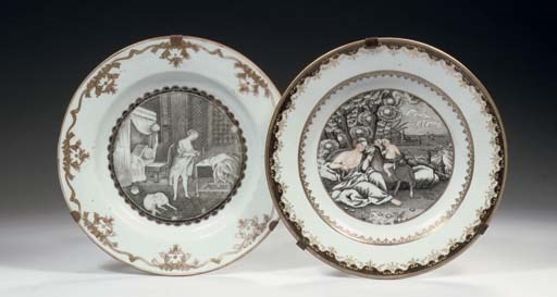 Two grisaille and gilt 'European-subject' plates