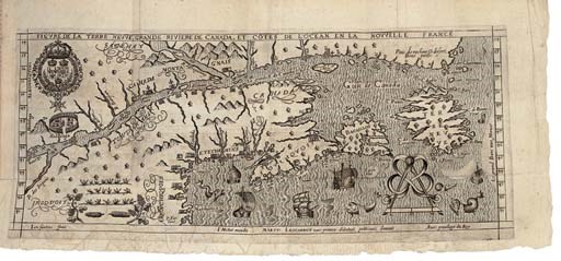 LESCARBOT, Marc (1570-1642). Nova Francia: Or the Description of that Part of New France, which is one continent with Virginia. Described in the three late Voyages and Plantation made by Monsieur de Monts, Monsieur du Pont-Grané, and Monsieur de Poutrincourt, into three countries called by the French men La Cadie, lying to the Southwest of Cape Breton. Translated from French into English by Pierre Erondelle. London: [Eliot's Court Press for] George Bishop, 1609.