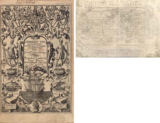 LINSCHOTEN, Ian Huygen van (1563-1611). His Discours of Voyages unto ye Easte & West Indies. Devided into Foure Bookes. Translated from Dutch into English by William Phillip. London: [John Windet for] John Wolfe, 1598.