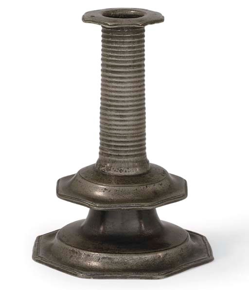 AN ENGLISH PEWTER OCTAGONAL BASE CANDLESTICK