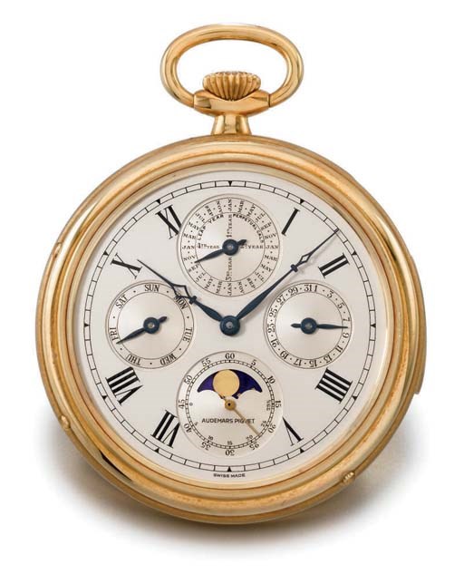 Audemars Piguet. A fine 18K gold openface minute repeating perpetual calendar keyless lever watch with phases of the moon