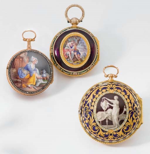 Peacock, Mayo & Hilgers. A lot of three 18K gold and enamel openface verge watches