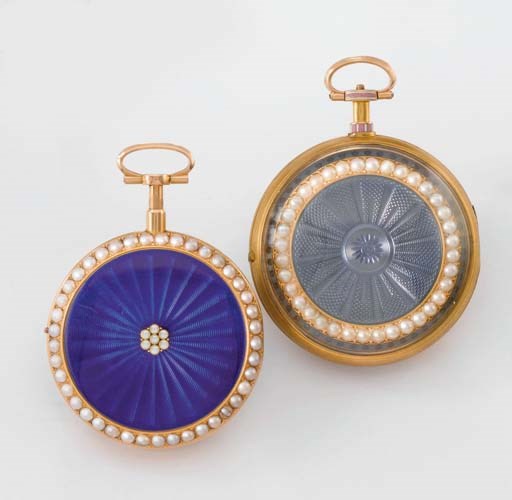 Coliau & Page. A lot of two 18K gold, enamel and pearl-set openface cylinder watches
