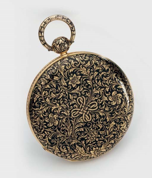 Unsigned. A fine 18K gold and enamel openface two train-minute petite sonnerie cylinder clock watch