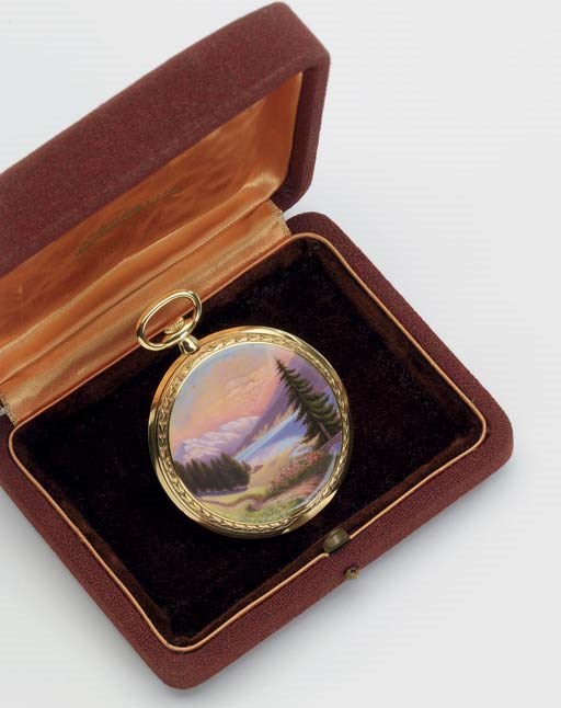 Gübelin. A fine 18K gold and enamel openface keyless lever dress watch with box