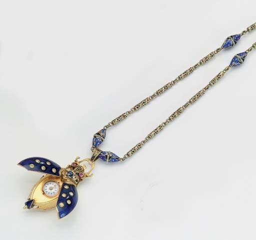 Swiss. A fine 18K gold, enamel, diamond, ruby and sapphire-set keyless scarab-form pendant watch