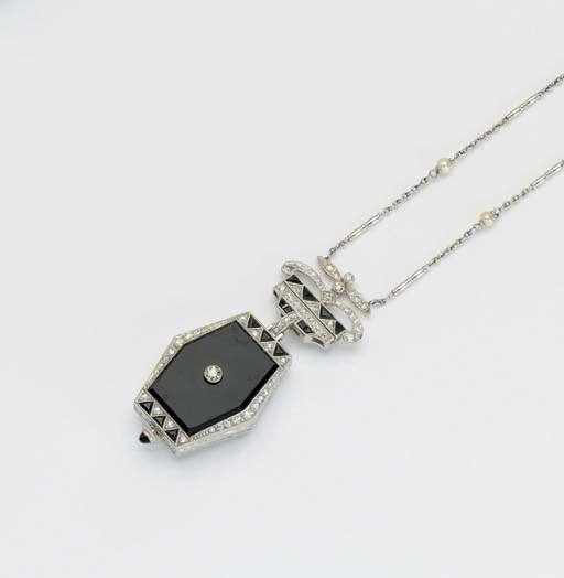 Loeillet Watch. A fine platinum, onyx and diamond-set hexagonal keyless pendant watch and chain