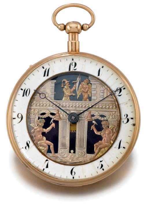L'hardy. An unusual 18K pink gold openface quarter repeating jaquemarts watch