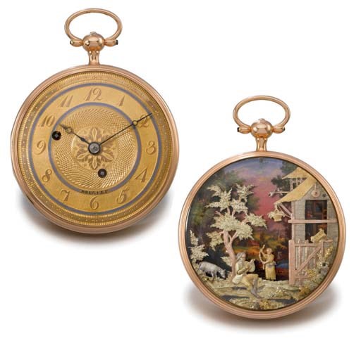 Capt. A very fine and rare 18K gold double dial two-train musical automaton watch