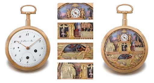Du Bois & Fils. An extremely fine and rare 18K gold double dial quarter repeating automaton watch