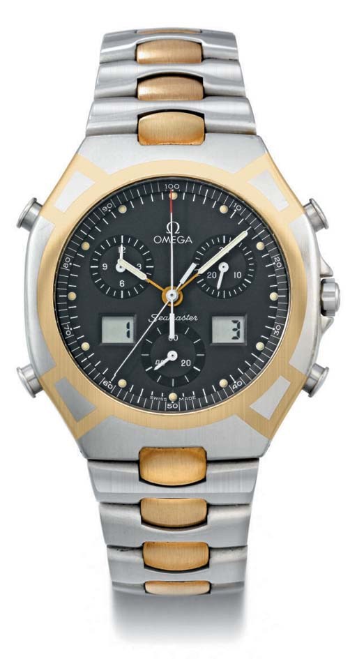 Omega. A titanium and gold tonneau-shaped water-resistant split seconds chronograph wristwatch with analogue display and bracelet