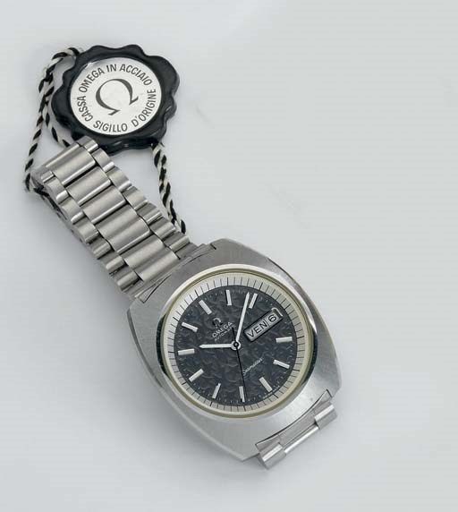 Omega. An unusual stainless steel water-resistant self-winding tonneau-shaped calendar wristwatch with sweep centre seconds and bracelet