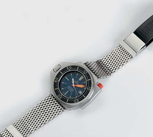Omega. A highly unusual and rare large stainless steel self-winding waterproof diver's wristwatch with sweep centre seconds, date, bracelet, original certificate and box