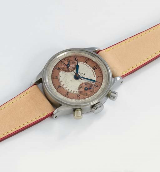 Omega. A fine and unusual stainless steel water-resistant chronograph wristwatch with silvered and copper-coloured dial and pulsometer scale