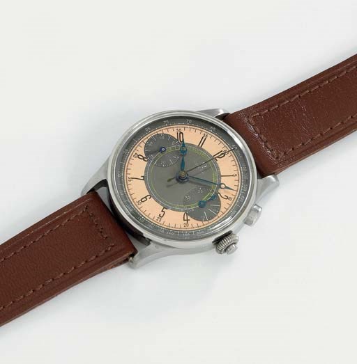 Omega. A fine and unusual stainless steel chronograph wristwatch with grey and copper-coloured dial and pulsometer scale